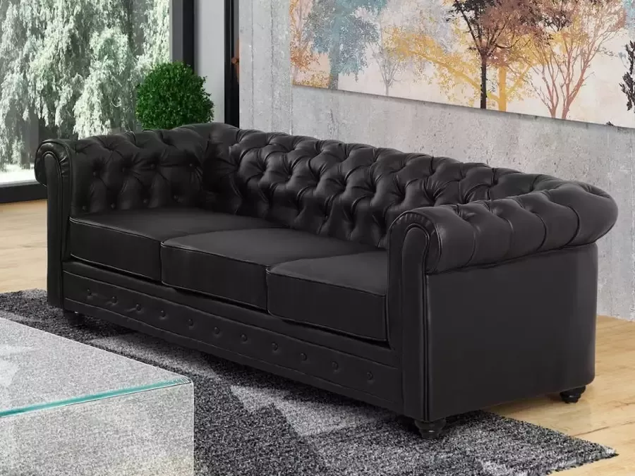 Vente-unique Driezitsbank CHESTERFIELD van kunstleer Zwart L 205 cm x H 72 cm x D 88 cm - Foto 4