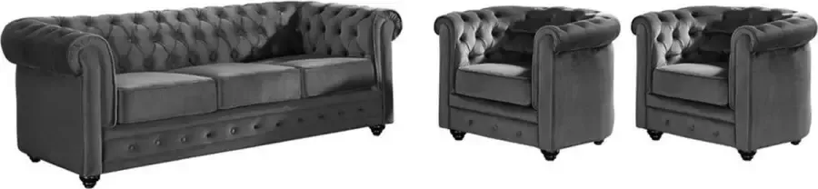 Vente-unique Driezitsbank en 2 fauteuils CHESTERFIELD velours antraciet L 205 cm x H 72 cm x D 88 cm
