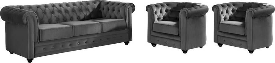 Driezitsbank en 2 fauteuils CHESTERFIELD fluweel antraciet L 205 cm x H 72 cm x D 88 cm