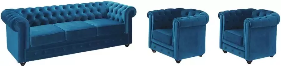 Vente-unique Driezitsbank en 2 fauteuils CHESTERFIELD velours groenblauw L 205 cm x H 72 cm x D 88 cm