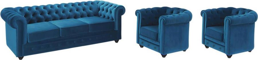 Driezitsbank en 2 fauteuils CHESTERFIELD fluweel eend blauw L 205 cm x H 72 cm x D 88 cm