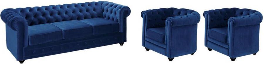 Vente-unique Driezitsbank en 2 fauteuils CHESTERFIELD fluweel konings blauw L 205 cm x H 72 cm x D 88 cm