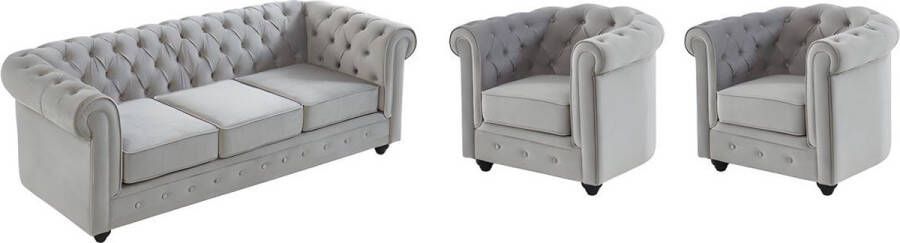 Driezitsbank en 2 fauteuils CHESTERFIELD fluweel licht grijs L 205 cm x H 72 cm x D 88 cm