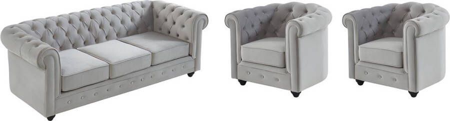 Vente-unique Driezitsbank en 2 fauteuils CHESTERFIELD velours lichtgrijs L 205 cm x H 72 cm x D 88 cm