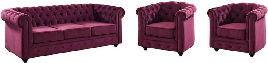 Driezitsbank en 2 fauteuils CHESTERFIELD Fluweel paars L 205 cm x H 72 cm x D 88 cm