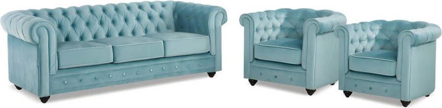 Driezitsbank en 2 fauteuils CHESTERFIELD fluweel pastel blauw L 205 cm x H 72 cm x D 88 cm