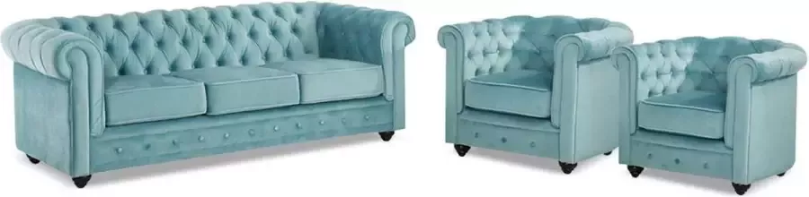 Vente-unique Driezitsbank en 2 fauteuils CHESTERFIELD velours pastelblauw L 205 cm x H 72 cm x D 88 cm