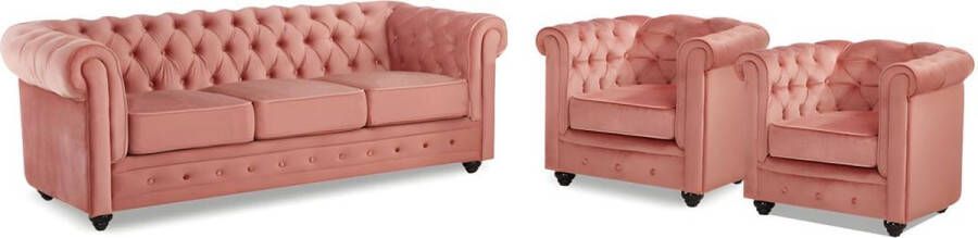 Driezitsbank en 2 fauteuils CHESTERFIELD fluweel pastel roze L 205 cm x H 72 cm x D 88 cm