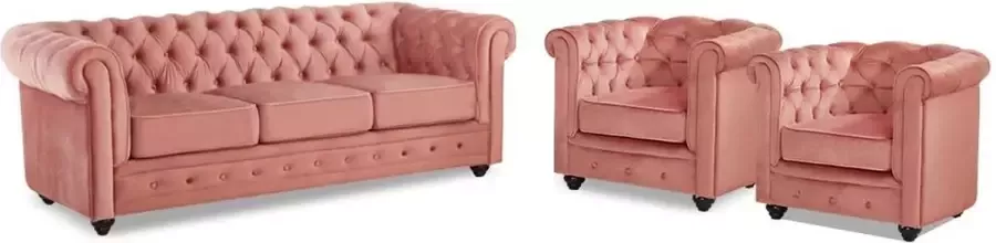 Vente-unique Driezitsbank en 2 fauteuils CHESTERFIELD velours pastelroze L 205 cm x H 72 cm x D 88 cm