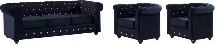 Driezitsbank en 2 fauteuils CHESTERFIELD fluweel zwart met kristallen knopen L 205 cm x H 72 cm x D 88 cm