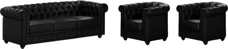 Vente-unique Driezitsbank en 2 fauteuils CHESTERFIELD van kunstleer Zwart L 205 cm x H 72 cm x D 88 cm