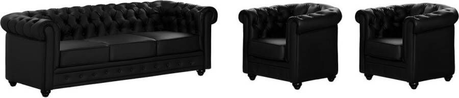 Driezitsbank en 2 fauteuils CHESTERFIELD van kunstleer Zwart L 205 cm x H 72 cm x D 88 cm
