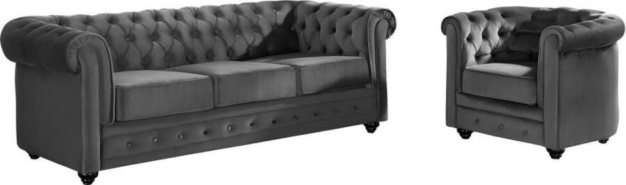 Vente-unique Driezitsbank en fauteuil CHESTERFIELD velours antraciet L 205 cm x H 72 cm x D 88 cm