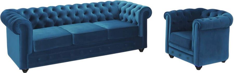 Driezitsbank en fauteuil CHESTERFIELD fluweel eend blauw L 205 cm x H 72 cm x D 88 cm