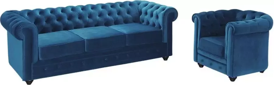 Vente-unique Driezitsbank en fauteuil CHESTERFIELD velours groenblauw L 205 cm x H 72 cm x D 88 cm - Foto 2