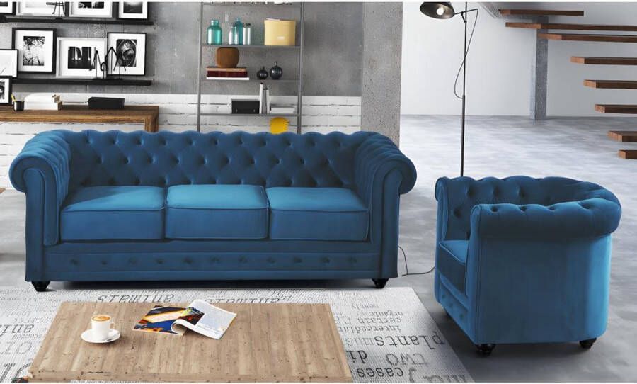 Vente-unique Driezitsbank en fauteuil CHESTERFIELD velours groenblauw L 205 cm x H 72 cm x D 88 cm