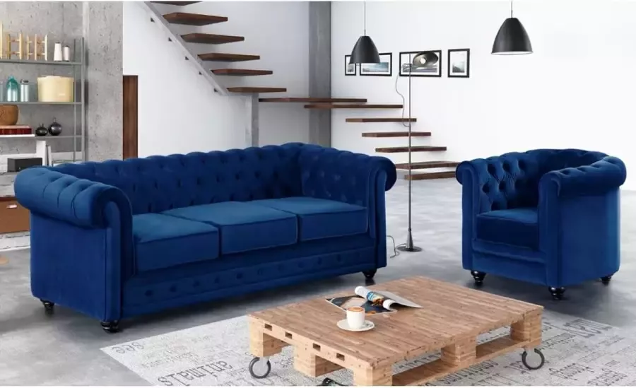 Driezitsbank en fauteuil CHESTERFIELD fluweel konings blauw L 205 cm x H 72 cm x D 88 cm - Foto 2