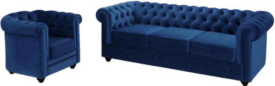 Driezitsbank en fauteuil CHESTERFIELD fluweel konings blauw L 205 cm x H 72 cm x D 88 cm