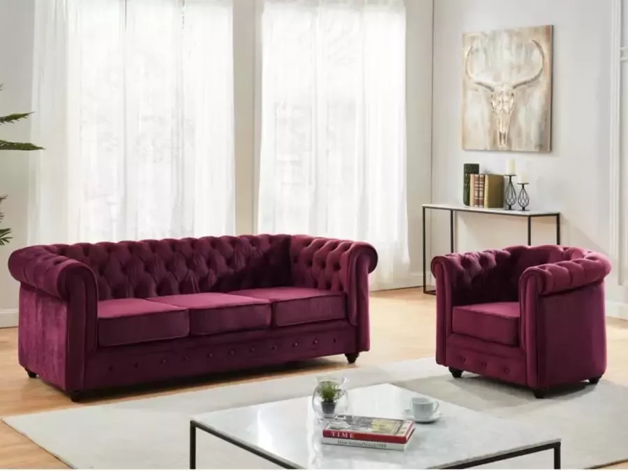 Vente-unique Driezitsbank en fauteuil CHESTERFIELD velours paars L 205 cm x H 72 cm x D 88 cm - Foto 2