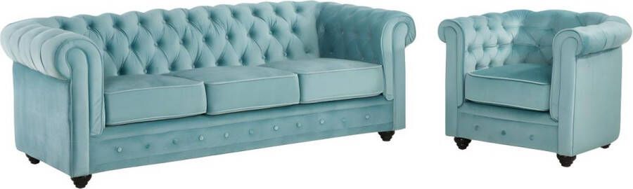 Vente-unique Driezitsbank en fauteuil CHESTERFIELD velours pastelblauw L 205 cm x H 72 cm x D 88 cm - Foto 2