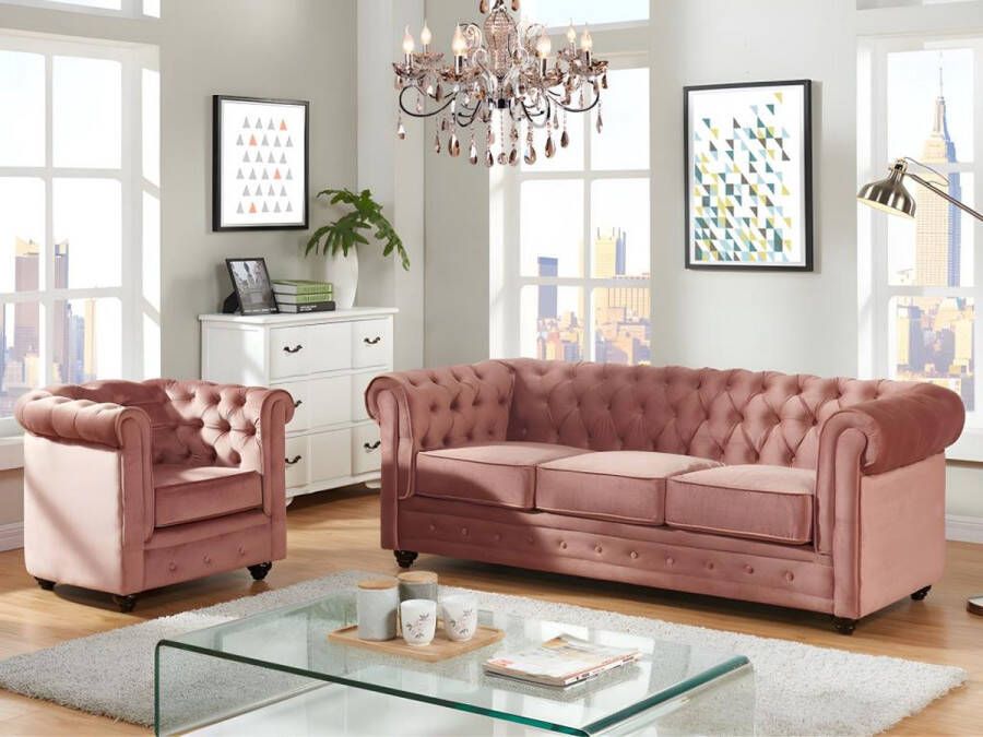 Driezitsbank en fauteuil CHESTERFIELD fluweel pastel roze L 205 cm x H 72 cm x D 88 cm - Foto 1
