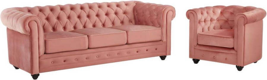 Driezitsbank en fauteuil CHESTERFIELD fluweel pastel roze L 205 cm x H 72 cm x D 88 cm