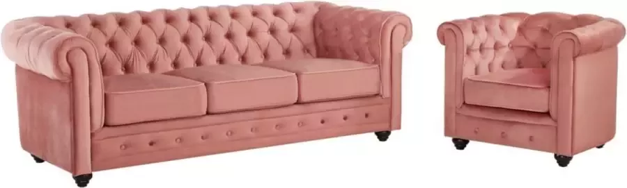Vente-unique Driezitsbank en fauteuil CHESTERFIELD velours pastelroze L 205 cm x H 72 cm x D 88 cm - Foto 2