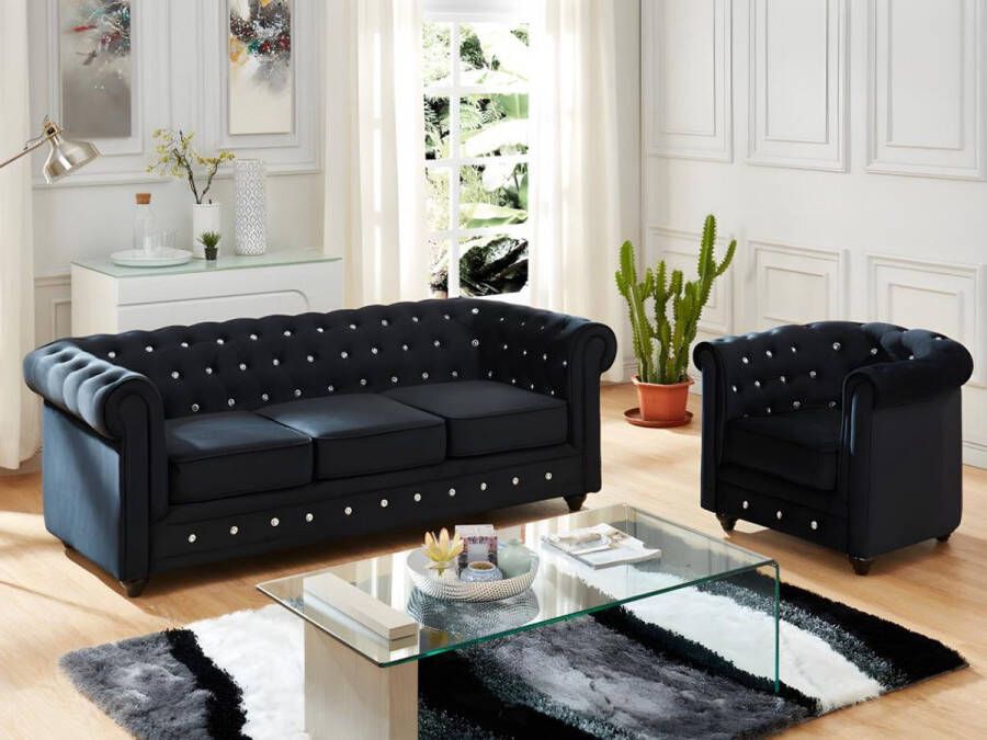 Driezitsbank en fauteuil CHESTERFIELD fluweel zwart met kristallen knopen L 205 cm x H 72 cm x D 88 cm