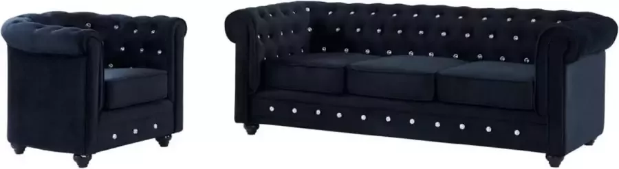 Driezitsbank en fauteuil CHESTERFIELD fluweel zwart met kristallen knopen L 205 cm x H 72 cm x D 88 cm