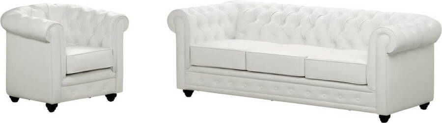 Vente-unique Driezitsbank en fauteuil CHESTERFIELD van kunstleer Wit L 205 cm x H 72 cm x D 88 cm