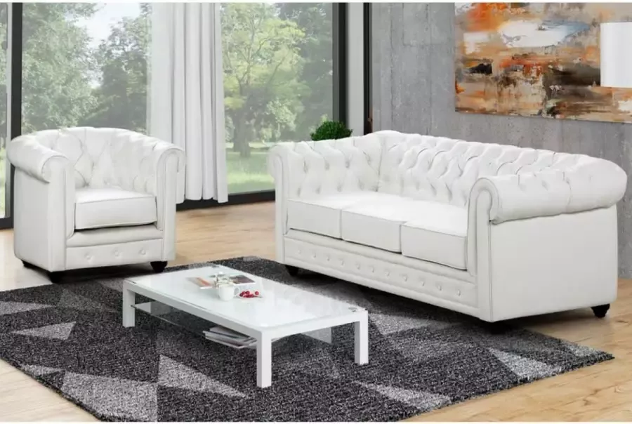 Vente-unique Driezitsbank en fauteuil CHESTERFIELD van kunstleer Wit L 205 cm x H 72 cm x D 88 cm - Foto 2