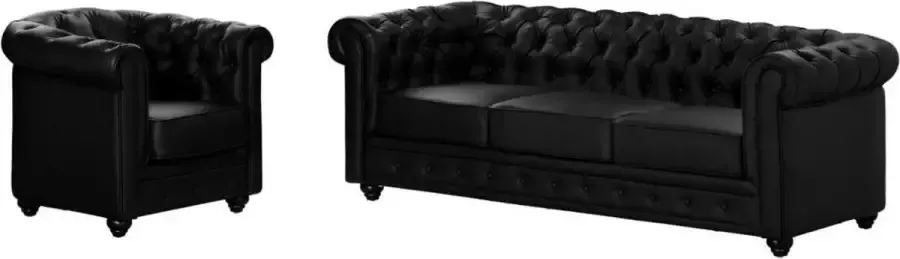 Vente-unique Driezitsbank en fauteuil CHESTERFIELD van kunstleer Zwart L 205 cm x H 72 cm x D 88 cm - Foto 2