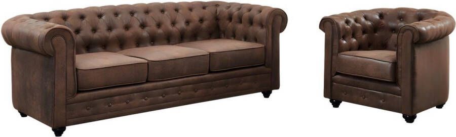 Vente-unique Driezitsbank en fauteuil CHESTERFIELD van microvezel met vintage look L 205 cm x H 72 cm x D 88 cm - Foto 2