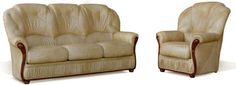 Driezitsbank en fauteuil DAPHNE van 100% buffel leer beige L 183 cm x H 97 cm x D 91 cm