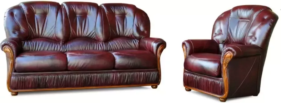 Vente-unique Driezitsbank en fauteuil DAPHNE van 100% buffel leer bordeaux rood L 183 cm x H 97 cm x D 91 cm