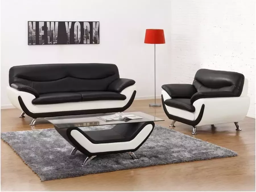Driezitsbank en fauteuil INDICE van kunstleer tweekleurig zwart en wit L 198 cm x H 86 cm x D 92 cm