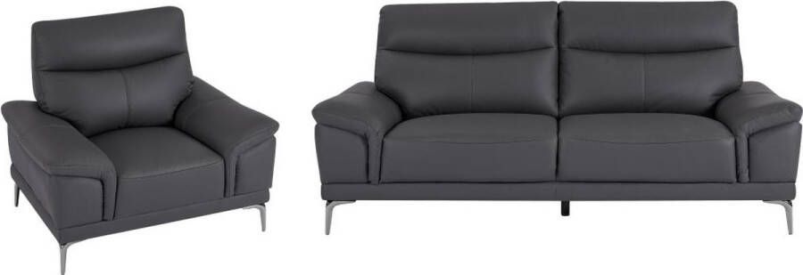 Vente-unique Driezitsbank en fauteuil van antracietgrijs leer ATESSO L 207 cm x H 92 cm x D 93 cm