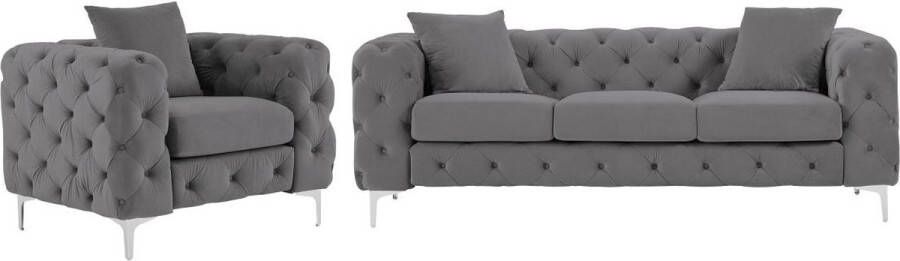 Vente-unique Driezitsbank en fauteuil van antracietgrijs velours EDWINA L 220 cm x H 76 cm x D 91 cm - Foto 2