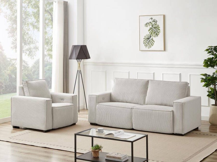 Driezitsbank en fauteuil van beige ribfluweel AMELIO L 210 cm x H 92 cm x D 98 cm - Foto 2