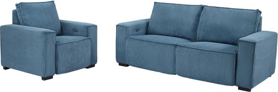 Driezitsbank en fauteuil van blauw ribfluweel AMELIO L 210 cm x H 92 cm x D 98 cm