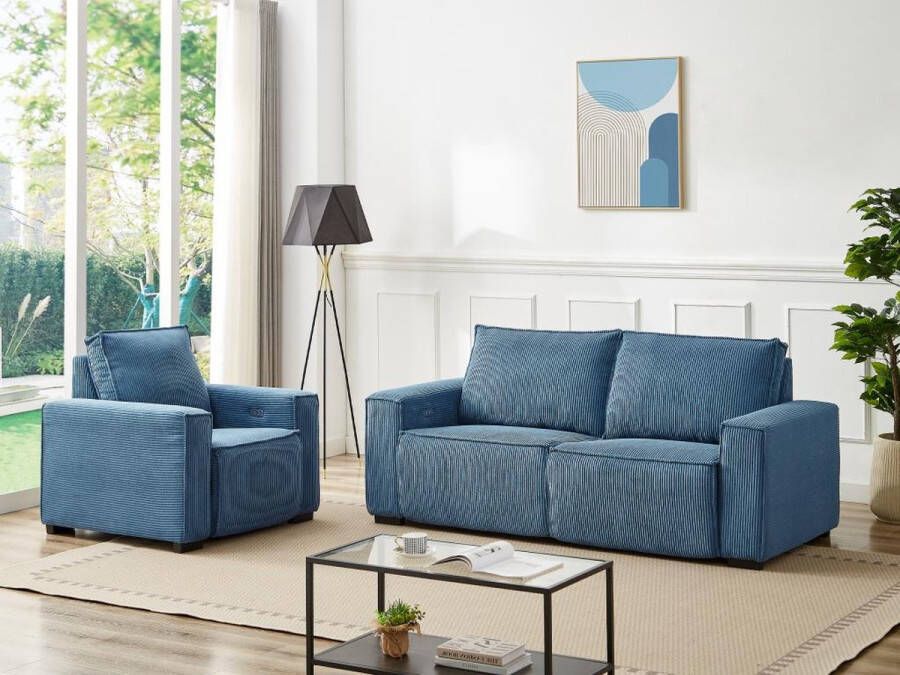 Driezitsbank en fauteuil van blauw ribfluweel AMELIO L 210 cm x H 92 cm x D 98 cm