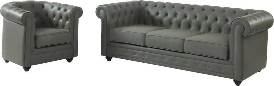 Driezitsbank en fauteuil van buffelleer CHESTERFIELD Grijs L 205 cm x H 72 cm x D 88 cm