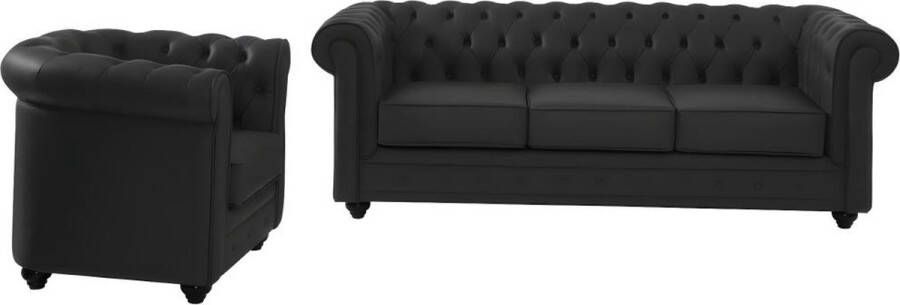 Vente-unique Driezitsbank en fauteuil van buffelleer CHESTERFIELD Zwart L 205 cm x H 72 cm x D 88 cm