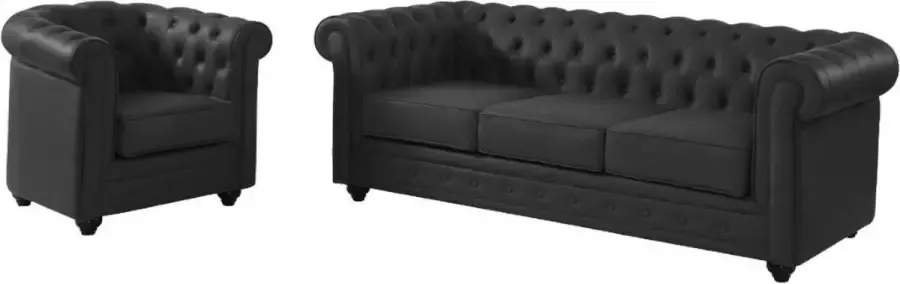 Vente-unique Driezitsbank en fauteuil van buffelleer CHESTERFIELD Zwart L 205 cm x H 72 cm x D 88 cm - Foto 2