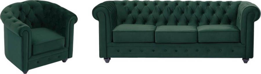 Driezitsbank en fauteuil van groen velours CHESTERFIELD L 205 cm x H 72 cm x D 88 cm
