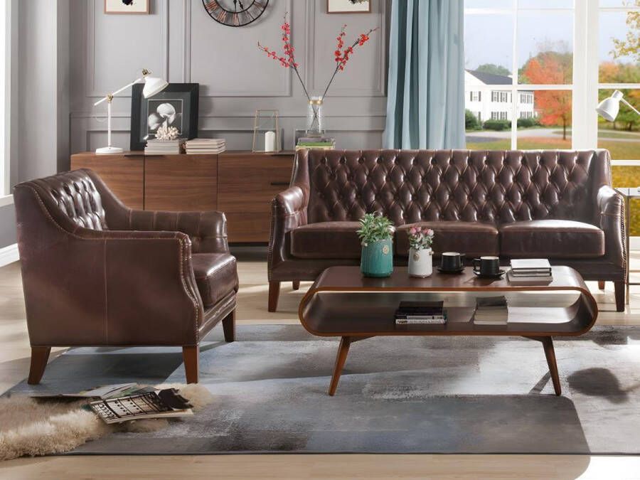 Vente-unique Driezitsbank en fauteuil van leer COLBERT Bruin L 194.5 cm x H 84 cm x D 84 cm