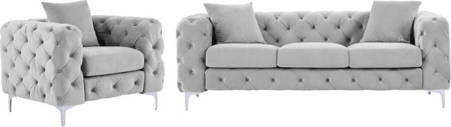 Vente-unique Driezitsbank en fauteuil van lichtgrijs velours EDWINA L 220 cm x H 76 cm x D 91 cm - Foto 2