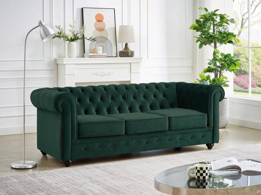 Vente-unique Driezitsbank van groen velours CHESTERFIELD L 205 cm x H 72 cm x D 88 cm