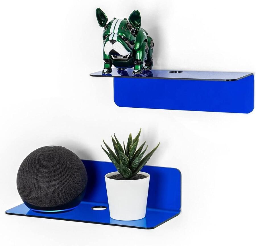 Drijvende Acryl Wandplanken Set van 2 Blauw Schadevrij Wandruimte Uitbreiden Kleine Wandplank Slimme Luidspreker Actiefiguren Monitor Kabelclips Stick On Geen Boor