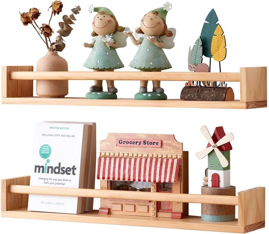 Boraboi Houten Kinderkamer Wandplanken Set van Twee voor Boeken en Decoratie 60cm Zwevende Wandrekken